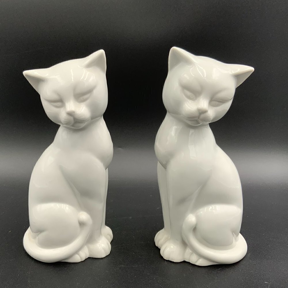 Vintage Pair of JAPAN White Porcelain Mustache Tuxedo Cat Kitten Figurines